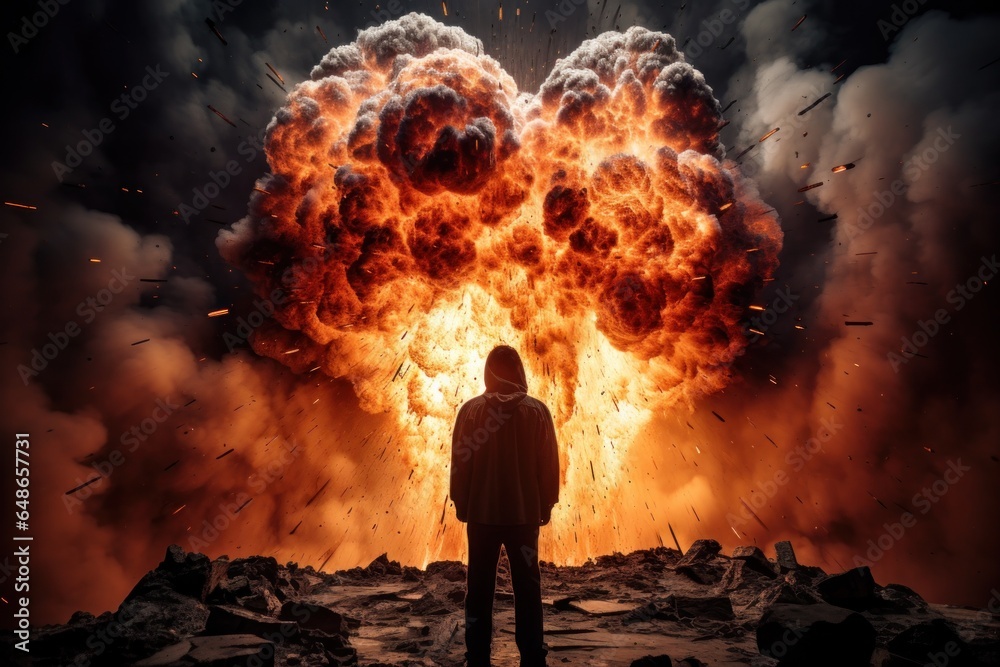 Poster A powerful image capturing a man standing courageously in front of a massive explosion. Perfect for illustrating bravery, danger, and the triumph of the human spirit. Ideal for use in action-packed sc