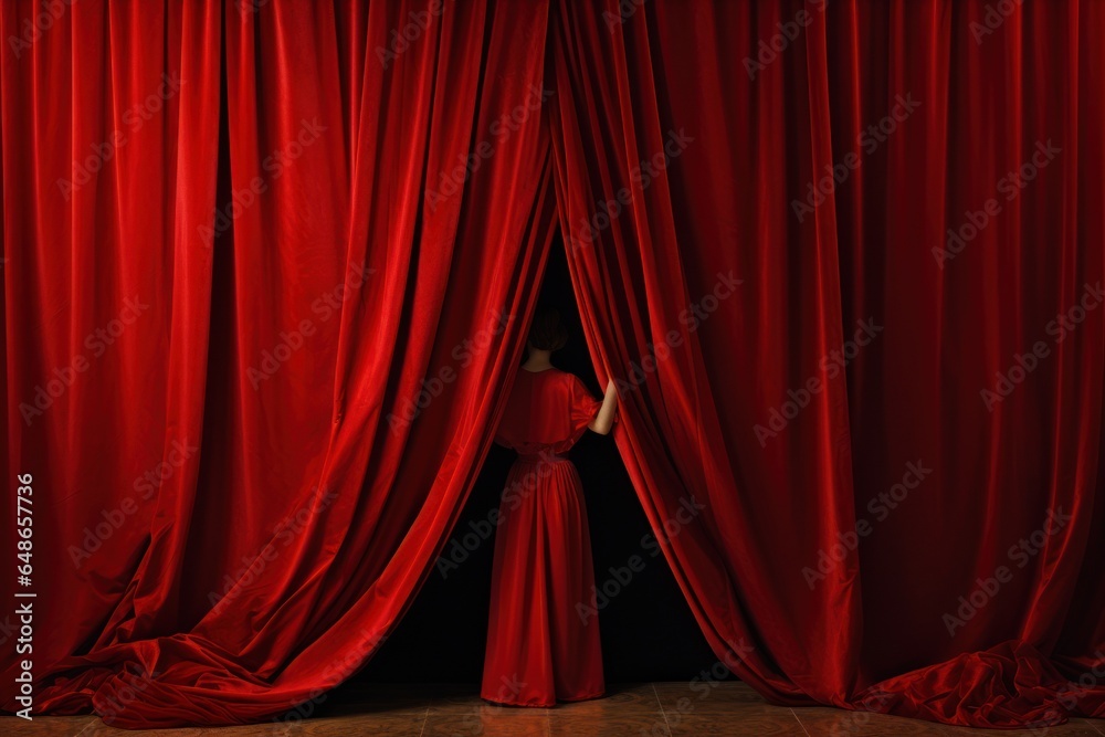 Aufkleber A woman is pictured standing in front of a vibrant red curtain. This image can be used to add a touch of elegance and drama to various projects.
