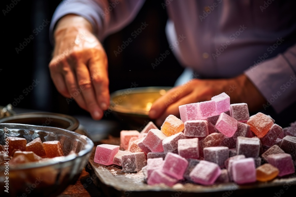 Aufkleber A close up view of a person adding sugar to a pile of food. This image can be used to illustrate the concept of sweetening food or adding sugar as a condiment.