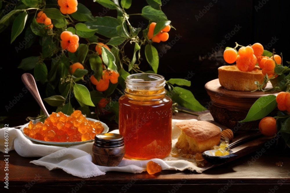 Poster a table with a jar of jelly and a plate of food. this image can be used to depict a delicious meal o