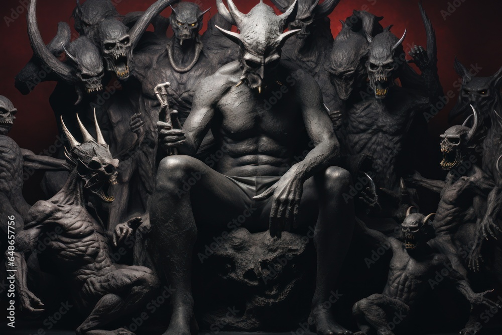 Poster a statue of a man sitting on a throne with menacing demonic creatures surrounding him. this image ca