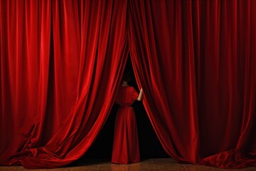 A woman is pictured standing in front of a vibrant red curtain. This image can be used to add a touch of elegance and drama to various projects.