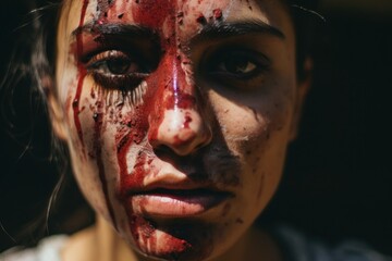 A close-up image of a person with blood on their face. This image can be used to depict horror, injury, violence, or Halloween-themed concepts. - obrazy, fototapety, plakaty