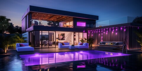 Modern House with a Pool and a Stylish Bar Area, Accentuated by a Light Purple Aesthetic, Perfectly Blending Luxury, Outdoor Living, and Architectural Beauty