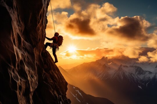 A man is seen climbing up the side of a mountain during a breathtaking sunset. This image captures the determination and beauty of conquering challenges. Perfect for adventure, motivation, and outdoor