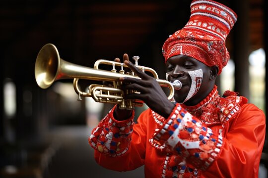 A man in a red outfit playing a trumpet. This image can be used to depict a musician performing, jazz music, or a lively event.