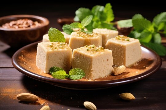 A brown plate with an assortment of mouthwatering dessert pieces. Perfect for food blogs, recipe websites, or bakery advertisements.