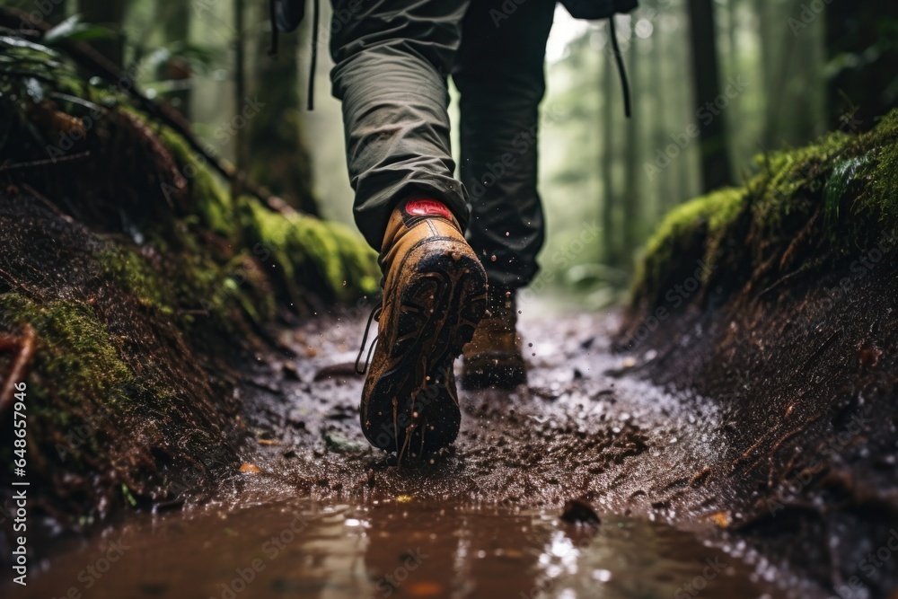 Poster a person is seen walking on a muddy path in the woods. this image can be used to depict nature walks