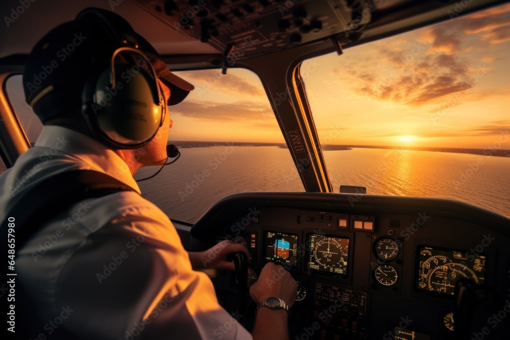 Poster A man is pictured in the cockpit of a plane, flying over the vast ocean. This image can be used to illustrate the experience of flying or to depict a pilot in action.