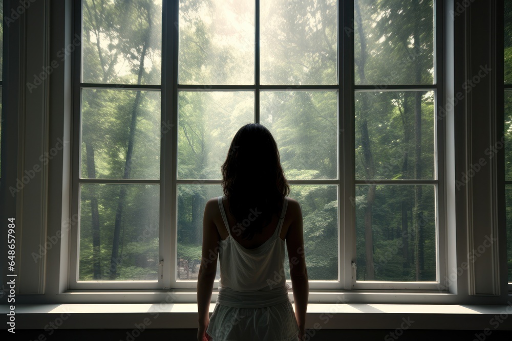 Poster a woman standing in front of a window, gazing out into the world. this image can be used to depict c