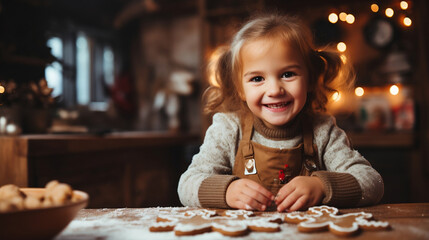 A cute mixed race black toddler baking Christmas cookies gingerbread men, winter, holiday season, noel