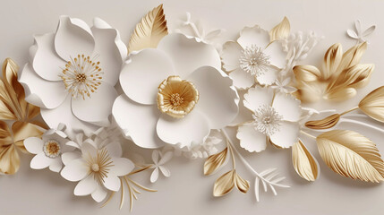 3D Flower poster and wallpaper wallart interior wall decor Gold White Creme Luxus