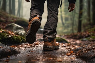 A person is walking along a trail in the woods. This image can be used to depict nature, hiking, outdoor activities, or solitude in nature. - obrazy, fototapety, plakaty