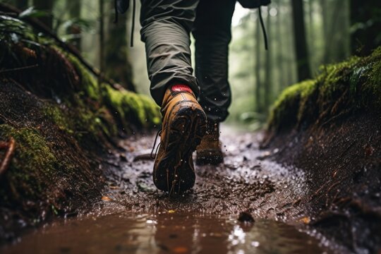 A person is seen walking on a muddy path in the woods. This image can be used to depict nature walks, hiking, outdoor adventures, or exploring the wilderness.