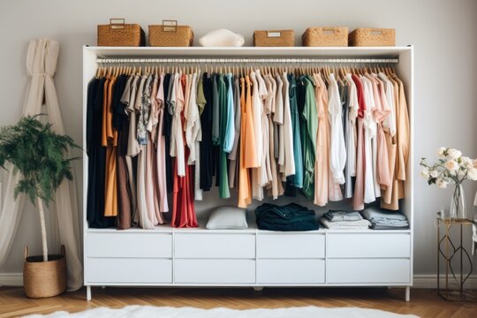 A closet filled with a wide variety of clothes next to a vibrant potted plant. This image can be used to showcase fashion, organization, or interior design concepts.