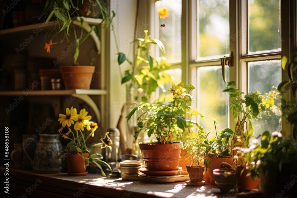 Poster A window sill filled with an abundance of potted plants. Perfect for adding a touch of greenery and natural beauty to any space.