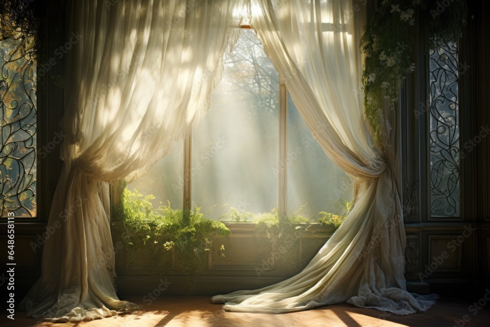 Poster A window with sheer curtains allowing sunlight to shine through. Perfect for adding a touch of natural light to any space.
