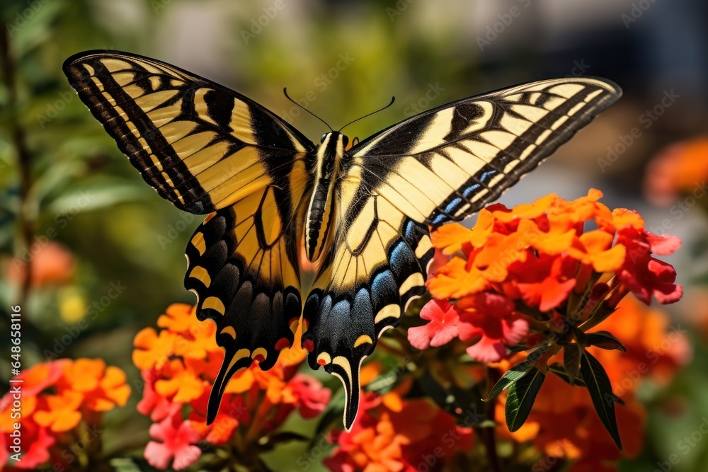 Poster A beautiful butterfly perched on top of a vibrant bunch of flowers. This image can be used to add a touch of nature and color to any project.