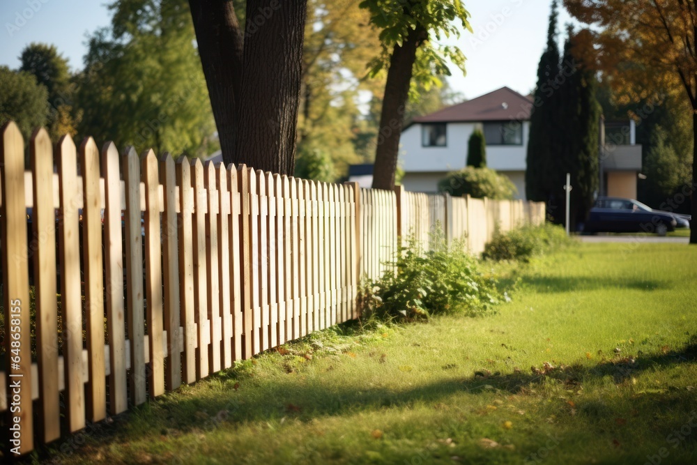 Poster a picture of a white picketed fence in front of a house. this image can be used to depict a peaceful