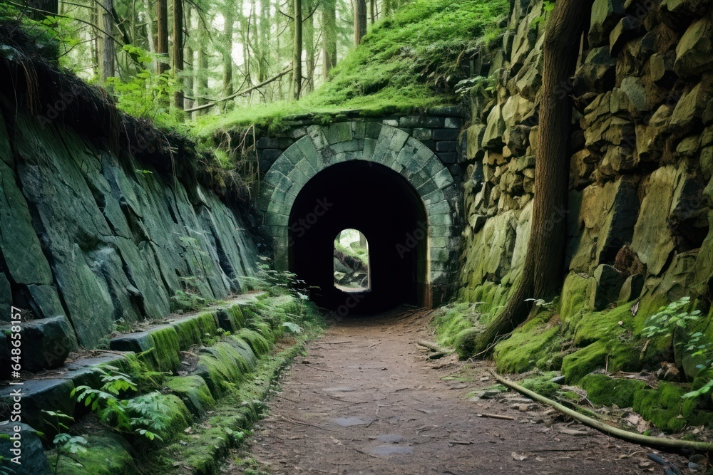 Poster a picture of a tunnel surrounded by a vibrant and lush green forest. this image can be used to depic