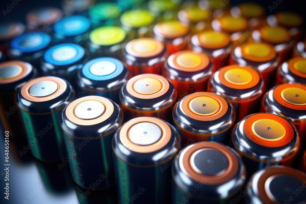 Poster a close-up view of various colored batteries. this image can be used to illustrate the concept of en