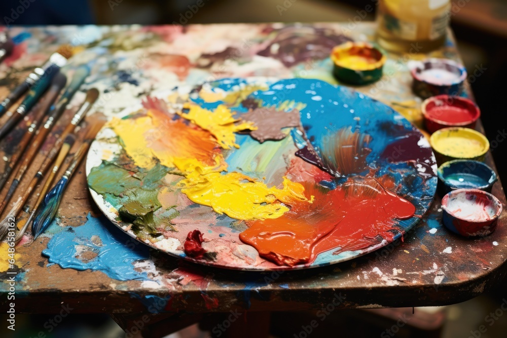 Poster A close-up view of a paint palette placed on a table. This image can be used for art and craft projects or in art-related articles.