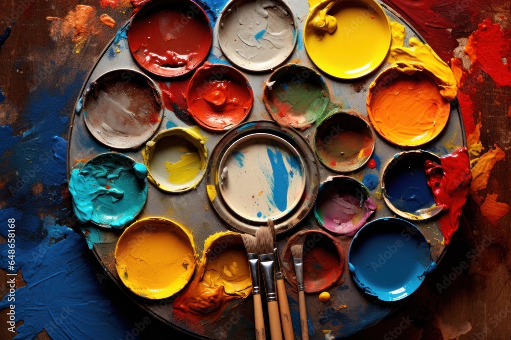 Aufkleber A picture of a paint palette with brushes on a table. This image can be used for art and creativity themes.