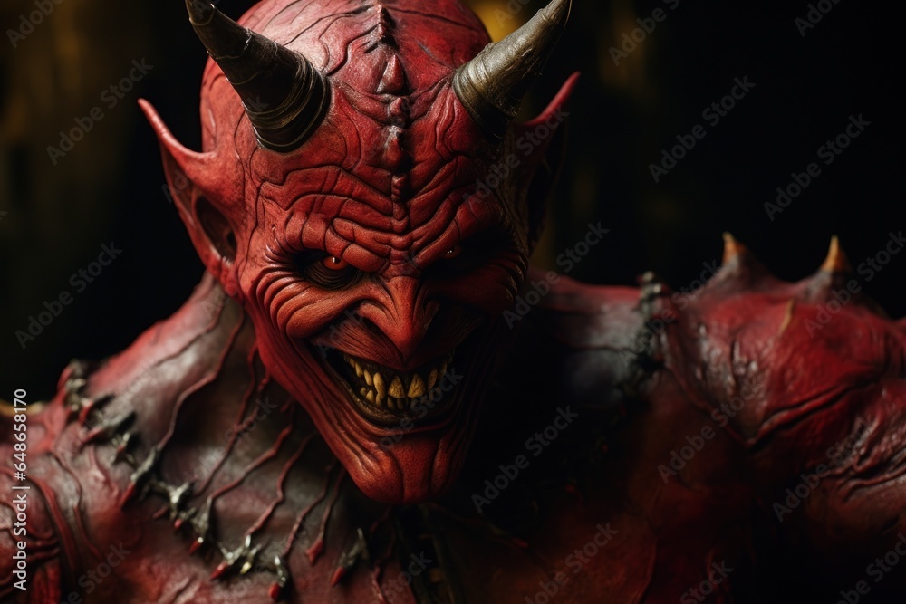 Poster A close-up view of a menacing red demon with sharp horns. This image can be used to depict evil, Halloween, horror, or fantasy themes.
