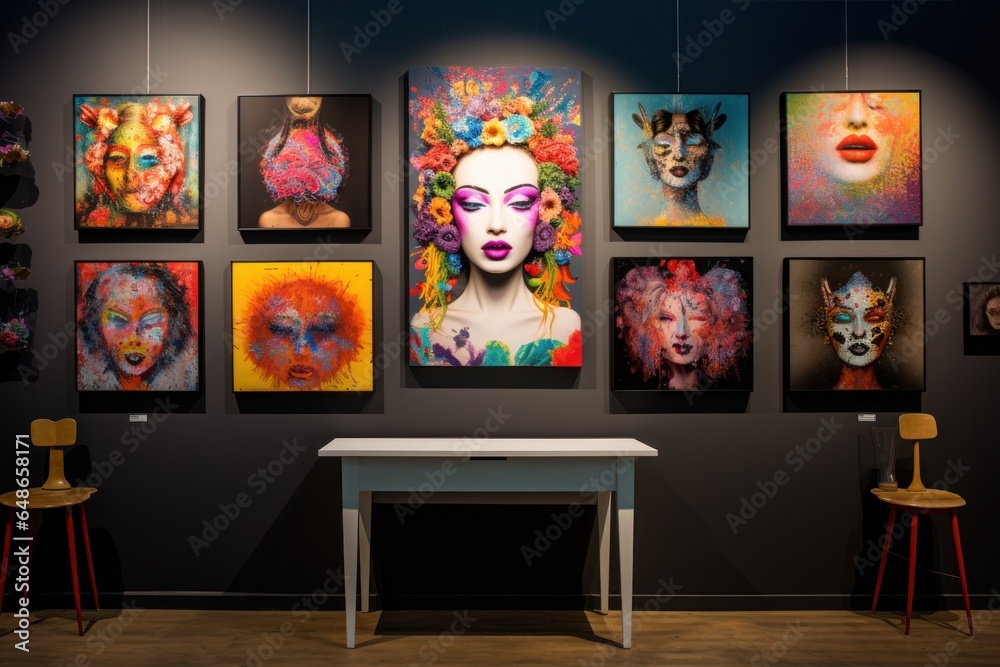 Aufkleber a picture of a table and chairs set up in front of a wall adorned with beautiful paintings. this ver