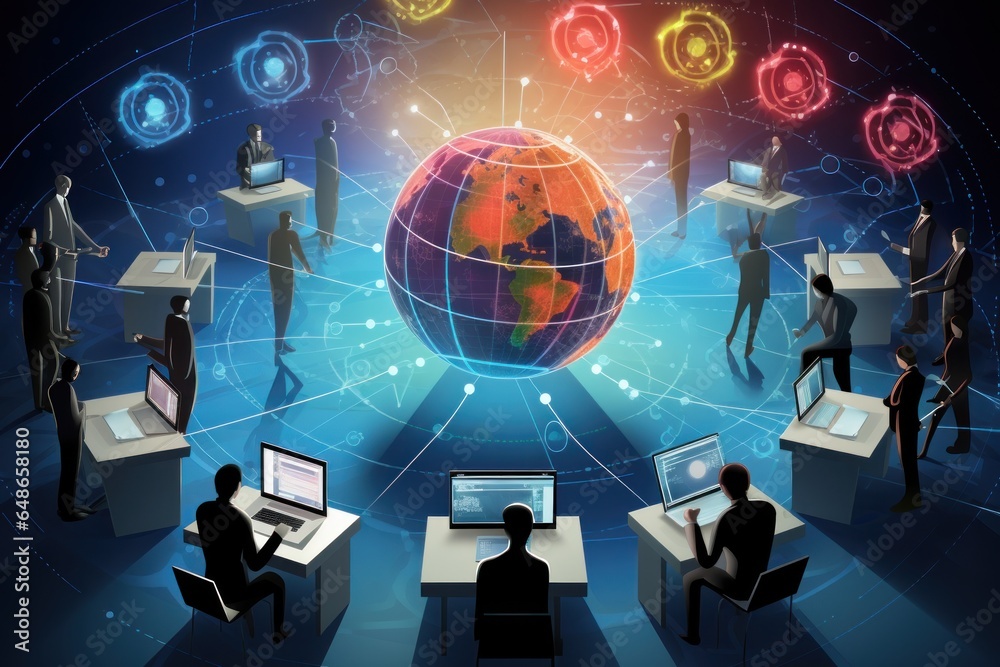 Poster a group of people sitting at desks with a globe in front of them. this picture can be used to repres