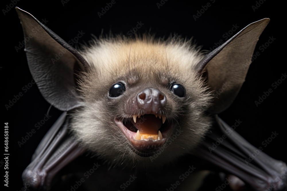 Poster A close-up view of a bat with its mouth open, showing its sharp teeth. This image can be used to illustrate the anatomy and behavior of bats or to create a spooky atmosphere for Halloween-themed desig