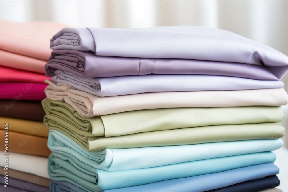 Poster A stack of neatly folded sheets placed on top of a table. This image can be used to depict cleanliness, organization, or household chores. Perfect for advertisements, blogs, or articles related to hom