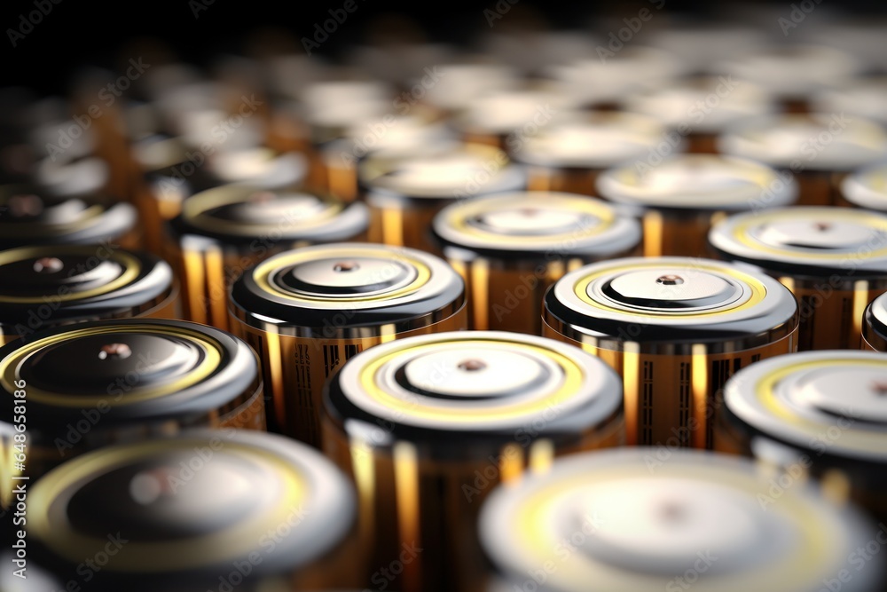 Poster a close-up view of a bunch of batteries. this image can be used to depict power, energy, technology,
