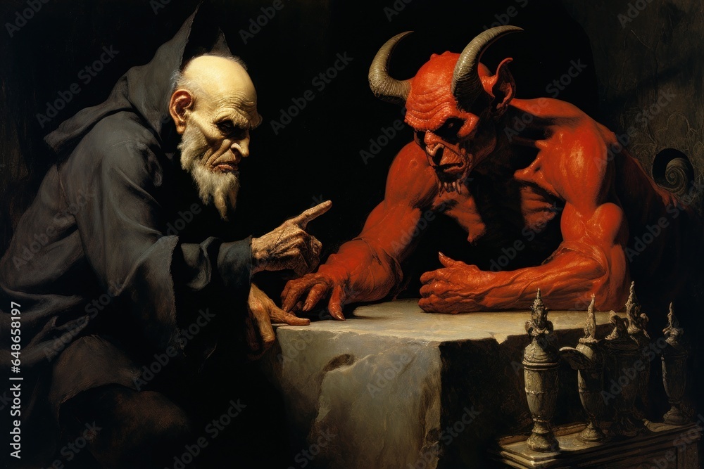 Poster a painting depicting a man and a demon seated together at a table. this artwork captures the contras