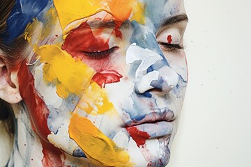 A close-up photograph capturing the face of a person with colorful paint. This image can be used for various purposes, such as artistic projects, makeup tutorials, or Halloween-themed designs.