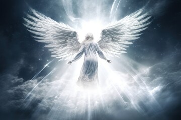 A white angel gracefully soaring through a cloudy sky. Perfect for adding a touch of ethereal beauty to any project.