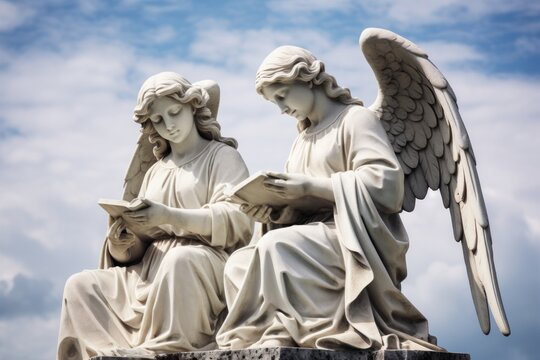 A statue depicting two angels engrossed in reading a book. This beautiful sculpture can add an elegant touch to any setting.