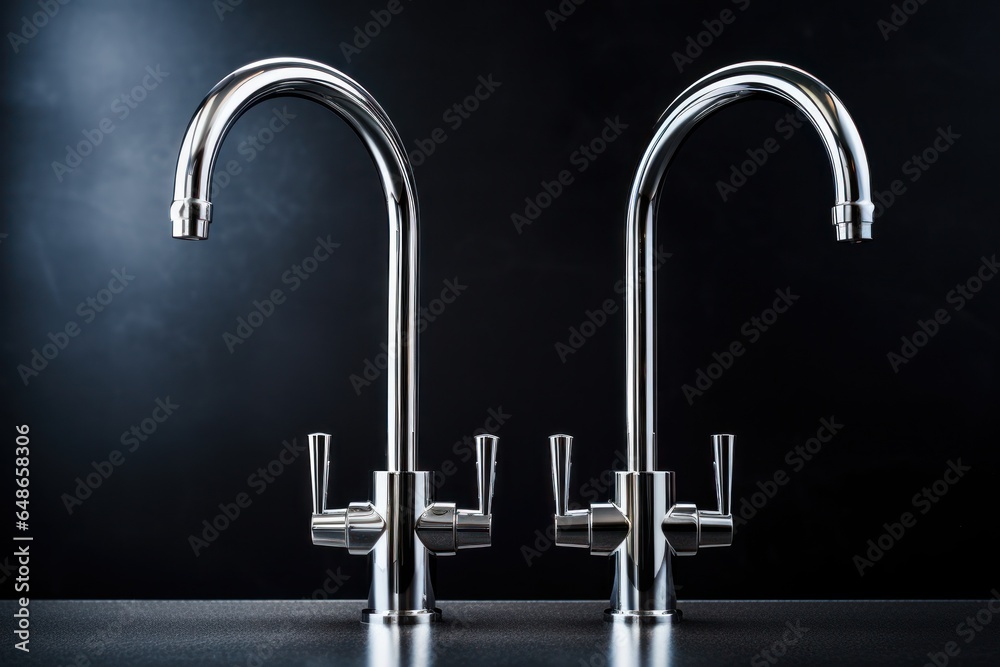 Poster a pair of faucets sitting on top of a counter. this image can be used to showcase modern bathroom fi