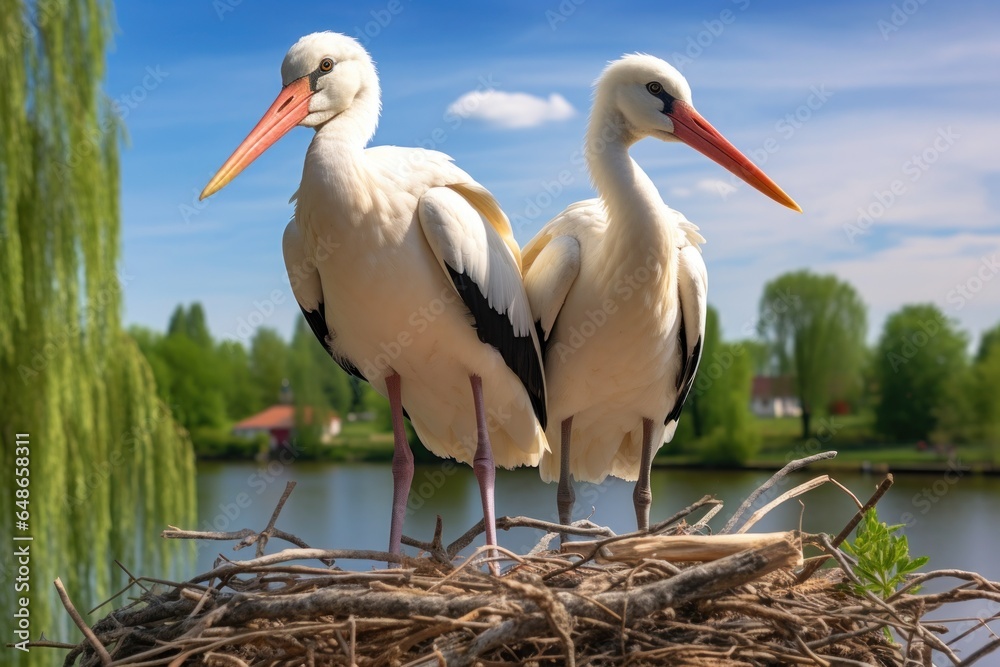 Aufkleber two white birds standing on top of a nest. suitable for nature and wildlife concepts.
