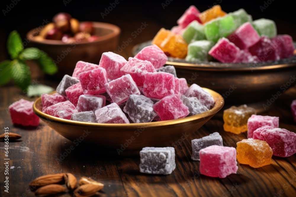 Poster A bowl filled with an assortment of vibrant and colorful sugars. Perfect for adding a pop of color to your baking or confectionery creations.