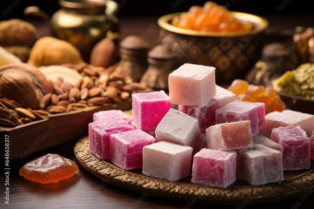 Poster a pile of pink and white cubes sitting on top of a plate. this image can be used for various purpose