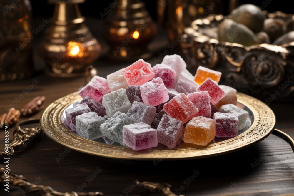 Aufkleber A plate filled with assorted candies placed on top of a wooden table. This image can be used to showcase a variety of sweets or to add a touch of sweetness to any project.