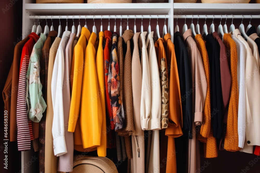 Poster a closet filled with a variety of clothes and a stylish hat. this image can be used to showcase a we