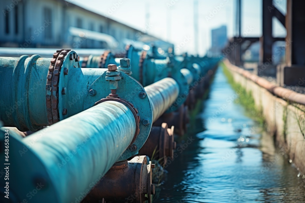 Poster a picture of a large pipe sitting in the water. this image can be used to represent infrastructure, 