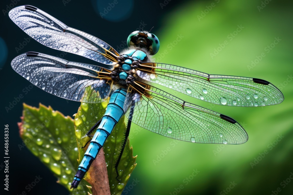 Poster a close-up photograph of a dragonfly perched on a green leaf. this image captures the intricate deta