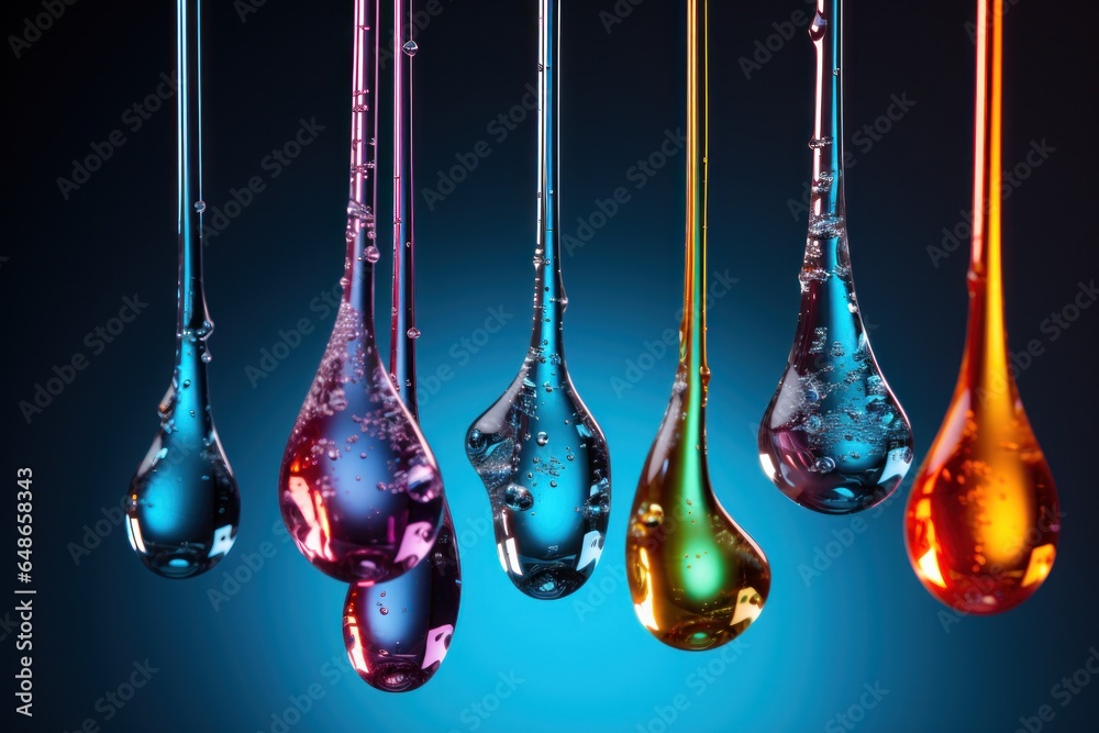 Poster A captivating image featuring a group of different colored liquid drops hanging from strings. This versatile picture can be used to enhance various projects and designs.