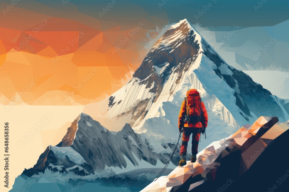 Poster a man standing on top of a snow covered mountain. this image can be used to depict adventure, explor