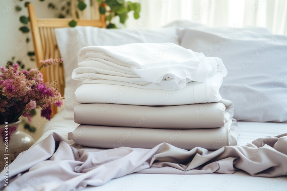 Aufkleber a neat stack of folded sheets placed on top of a bed. perfect for showcasing bedroom decor or repres