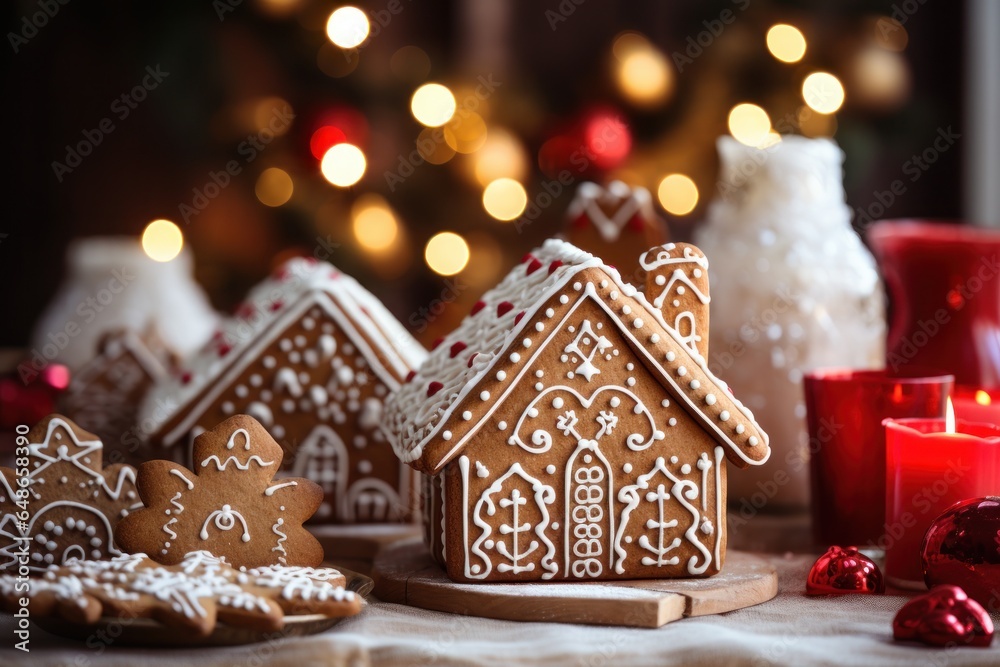 Poster A picture of a table with ginger cookies and a lit candle. This image can be used to create a cozy and festive atmosphere, perfect for holiday-themed designs or baking-related content.