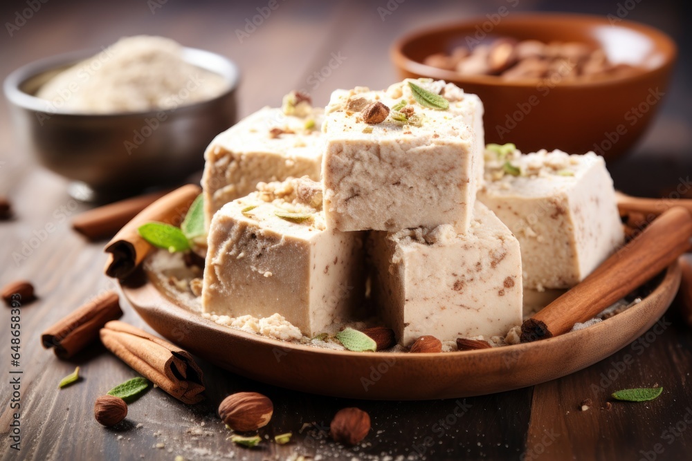 Poster a wooden plate with pieces of tofu arranged on top. this image can be used to showcase healthy plant